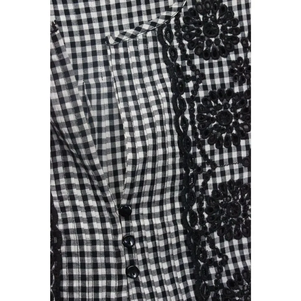 J. Crew Gingham Floral Embroidered Blouse Size M Black/White Puff Sleeve